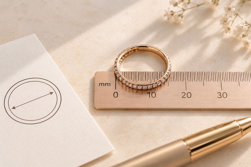 alliance en or rose et diamants posée sur une règle graduée